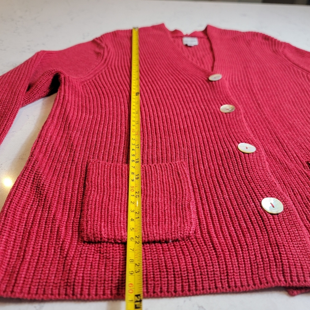 Nic+Zoe Deep Red Knit Cardigan M Tulle Fringe Cuffs Pearl Buttons Statement - Picture 4 of 13